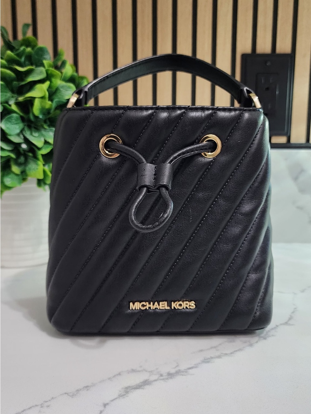 Michael Kors Black Quilted Leather Drawstring Bucket Bag